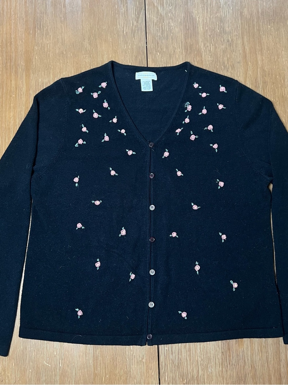 Vintage Black Button Cardigan Sweater with Pink Rose Embroidery